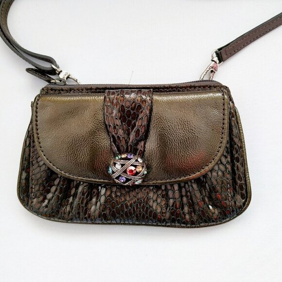 Brighton Crossbody Snakeskin Embossed Purse Bag Green Multi Color Jewels Leather - Picture 3 of 8